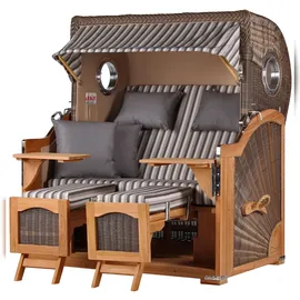 Mr. Deko bene,iving Strandkorb Komplettset Ammersee Grande XL Teak Bullauge PE grau Modell 545 inkl. Liftersystem Schutzhülle Doppelrollen Glasbecherhalter