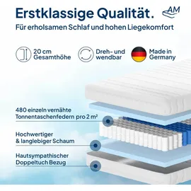 AM Qualitätsmatratzen Orthopädische 7-Zonen Taschenfederkernmatratze 100x220 cm H2 | 100/220 | Federkernmatratze | Härtegrad H2 | 7 Zonen |