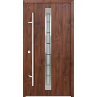 Krongart Stahl-Aluminium-Haustür DS68AC Modell 520 mit schmalem Lichtausschnitt DIN links - nach innen öffnend Nussbaum (Dekor-Folie) 1000 mm x 2100 mm