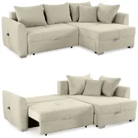 luma-home Ecksofa mit Schlaffunktion und Bettkasten 236/160/81 cm, Ottomane beidseitig montierbar, Cord Grau / 15201 - Beige