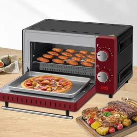 Woltu Minibackofen 10 Liter, 650 Watt Toasterofen, Kleiner elektrischer Backofen, 100-230 °C, 60 Min, Ober- und Unterhitze, mit Backblech Grillrost Entnahmegriff, Rot+Schwarz