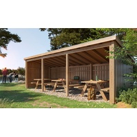 Holz Picknickhütte Kiefer / Fichte in der Größe 432 x 218 x 169/220 cm mit 2 Tischen aus Lärche