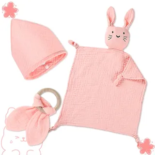 Baby Geschenk Junge Mädchen Neugeborene Geschenkset Babygeschenke 3 Stück Geschenke zur Geburt mit Schnuffeltuch Hase und Beißring Holz und Lätzchen Baby für Neugeborenen Babyparty Sachen (Rosa)