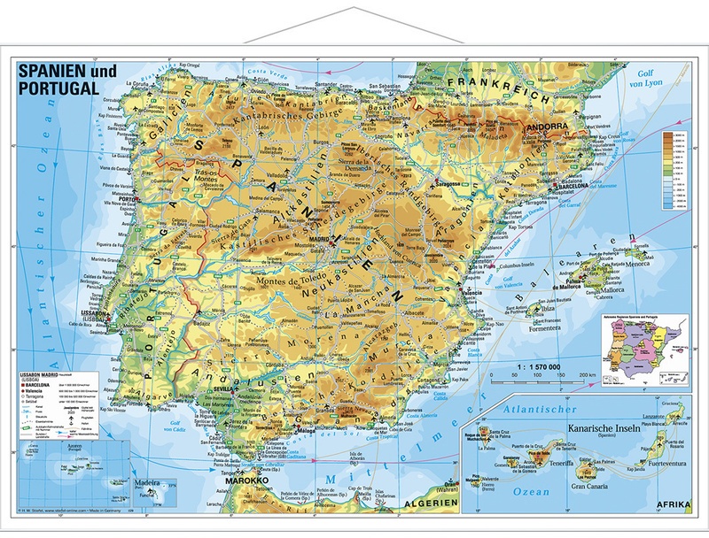 Stiefel Wandkarte Kleinformat Spanien Und Portugal, Physisch, Mit Metallstäben, Karte (im Sinne von Landkarte)
