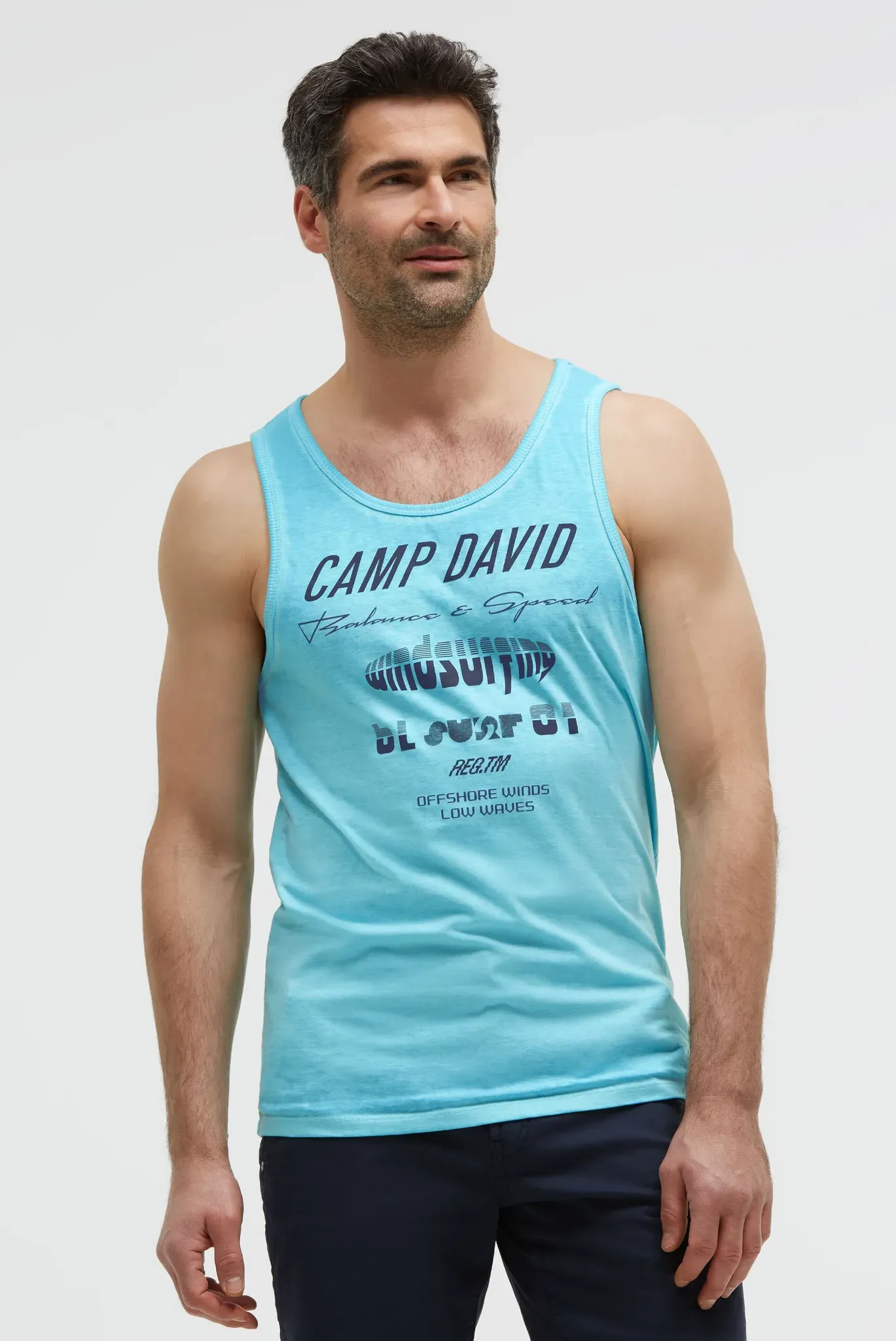 Tanktop CAMP DAVID, Herren, Gr. L, aqua, Single Jersey, Material: Grundmaterial: 100% Polyester, Ausbrenner: 100% Baumwolle, bedruckt, regular fit normal, Rundhals, Tops Tanktop, mit Baumwolle