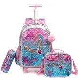 HTgroce Meerjungfrauen Kinder Trolley Rucksack Schulranzen mit Rollen Rolling Schultasche für Mädchen Schüler Kindergepäck Reisegepäck Kindertrolley Reisekoffer Schulranzen Trolley Mädchen