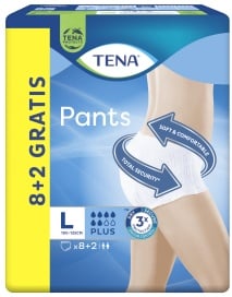 TENA Pants Plus Inkontinenzhosen, 3 x Protection, Einweghosen für sicheren Schutz bei mittlerer Blasenschwäche, 1 Packung = 8 + 2 Inkontinenzhosen, Größe: L