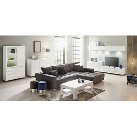 Hom ́in POOLE TV-Lowboard 219,9x57x52,5 cm Weiß/Glas/Holz/Metall