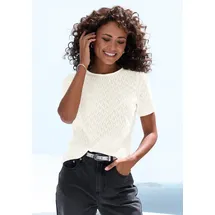 VIVANCE Kurzarmshirt VIVANCE "mit modischem Ajour-Muster", Damen, Gr. 32/34, beige (creme), Feinstrick, Obermaterial: 60% Baumwolle, 40% Polyester, figurumspielend, Rundhals, Shirts, aus weicher Baumwoll-Qualität, Topseller