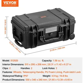 Vevor Hartschalenkoffer Trockenbox mit vorgeschnittenem Schaumstoff 55 x 34 x 24 cm Polycarbonat/Polyurethan Schwarz