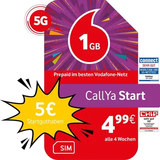 Vodafone Prepaid CallYa Start | 1 GB | 5 EUR Startguthaben | ohne Vertrag | 5G-Netz | Telefon- SMS-Flat | EU-Roaming