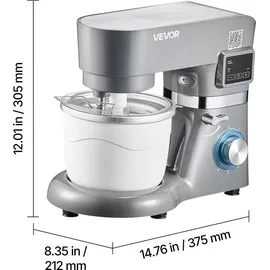 Vevor Eismaschine Eiscrememaschine 1,7 L Standmixer 6-Gang mit LED-Digitalanzeige & Timer & Rührpaddel & Knethaken & Spritzschutz, für DIY Gefrorener Joghurt, Frucht-Gelato Sorbet Grau 1400 W