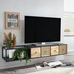 KADIMA DESIGN Lowboard Hängend Mango Massivholz / Metall 150x25x35 cm TV-Schrank Schwarz, Design Fernsehtisch Wiener Geflecht Modern, Fernsehschrank Wand,