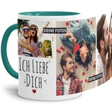 Tassendruck Fototasse mit Spruch - Ich Liebe Dich - zum Selbst gestalten mit 3 Fotos, Innen & Henkel Türkis, 300 ml