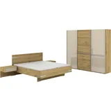 Musterring Schlafzimmer-Set Savona, Kleiderschrank, Bett & Nachtkommoden, teilmassiv Bianco-Eiche, (2er-Set Nachtschränke, Schwebetürenschrank, Bett 180x200 cm), Eiche- und Glastüren, Kopfteil Eiche, Konsolen Glasfront, Höhe 217cm braun