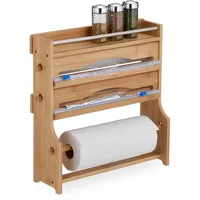 Relaxdays Wandrollenhalter, für Alufolie, Frischhaltefolie, Küchenrolle, Gewürzregal, Bambus, HBT: