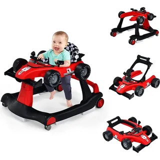 Costway 4 in 1 Lauflernwagen mit einstellbarer Hoehe und Geschwindigkeit, Baby Walker mit Musikbox und Licht, für Jungs und Maedchen, Alter von 6 - 18 Monaten - Rot/Schwarz
