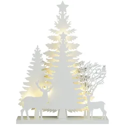 Dekoleuchte Winterwald mit Rentieren, Sperrholz, 30 x 5.5 x 40 cm, 12 LED-Leuchten, 6-Stunden-Timer, weiß