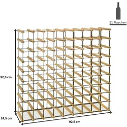 PROREGAL Modulares Weinregal VINOTECA MOD METAL | HxBxT 92,5x92,5x24,5cm | 9x9 Flaschen | Massives Kiefernholz | Natur | Flaschenregal