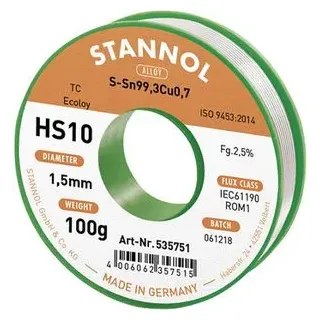 Stannol HS10 2510 Lötzinn, bleifrei Spule Sn99,3Cu0,7 100g 1.5mm