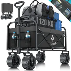 KESSER® Bollerwagen faltbar mit Breite Reifen Handwagen Transportkarre Gerätewagen   inkl. 2 Netztaschen   klappbar   Kunststoff-Reifen   bis 120 kg Tragkraft transportwagen Gartenanhänger