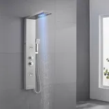 OUGOO 5-in-1 LED Duschpaneel mit Armatur, Duschsystem Komplettset: Regendusche, Wasserfall, Massage‐Seitendüsen, Breiter Handbrause & Badewannenauslauf, 1‐Knopf‐Switch, 304 Edelstahl Gebürstet