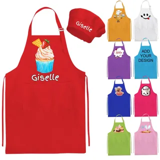 Nevaou Kinderschürze und Kochmütze, personalisierbar, Kinderschürze, Name, Kochen, Backen, Küche, Malerei, Jungen, Mädchen, Geschenk, Rot/Ausflug, einfarbig (Getaway Solids), Medium / Large - Medium, Large