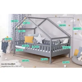 TICAA TiCAA Hausbett Bodenbett wandelbar mit asymmetrischem Dach "Lou" 90/100/120/140x200 cm für Jungen & Mädchen, inkl. Rolllattenrost & Rausfallschutz, Montessori Bett aus Kiefer Massivholz