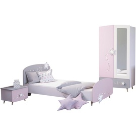 Kindermöbel 24 Kinderzimmer Sternschnuppe 3-tlg rosa weiß grau Kinderbett + Nachttisch + Kommode oder Schrank