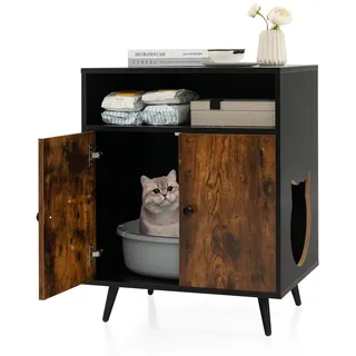 Costway Katzenschrank Katzentoilette, Katzenhaus mit Doppeltüren & Eingang Katzenhöhle Katzenklo Schrank für Katzen Hunde Haustier, Braun+Schwarz