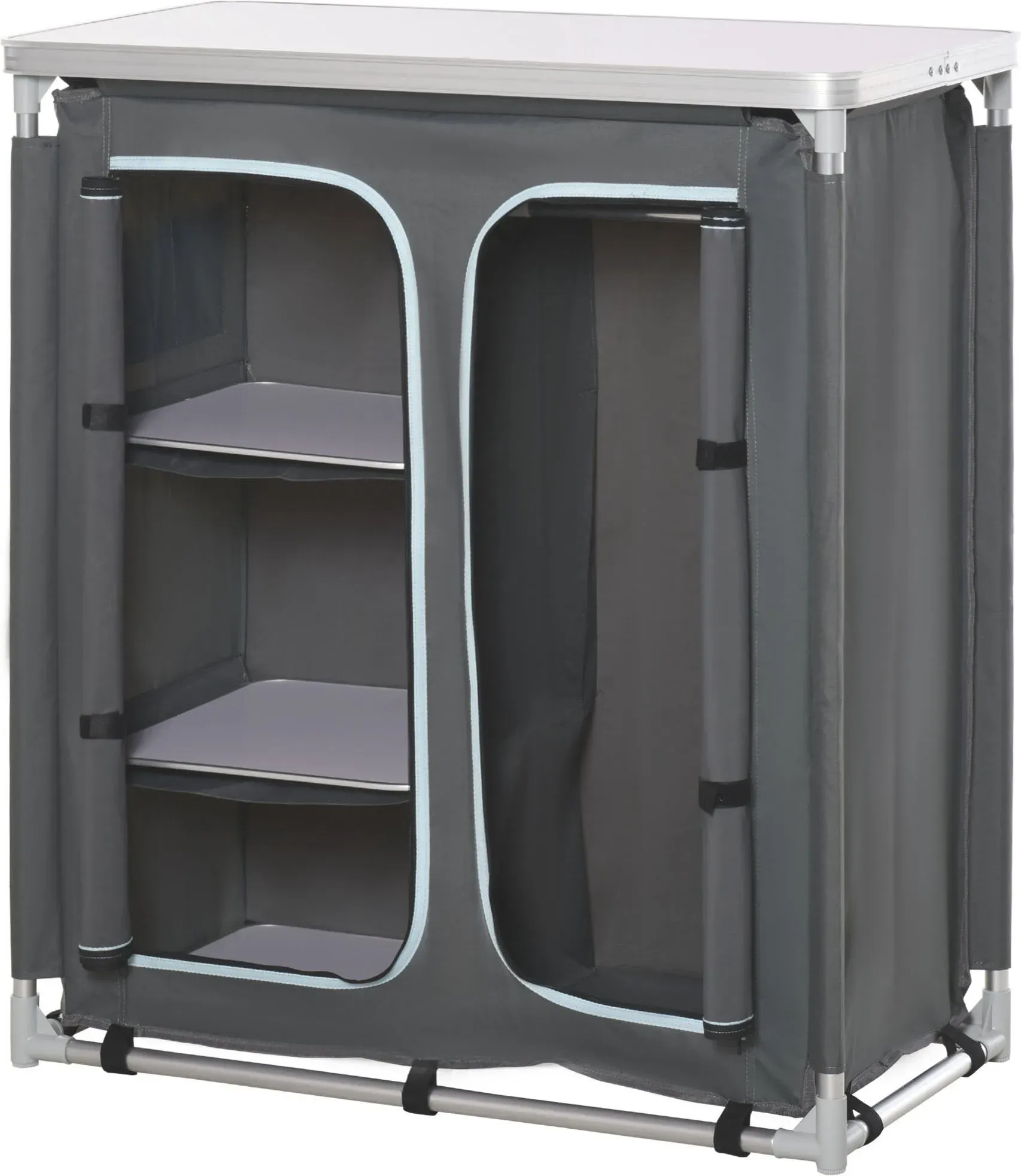 Outsunny Campingschrank Küchenbox tragbar mit Arbeitsplatte und Tragetasche, 3 Ablagen und 1 Schrank, 600D Oxford Stoff Grau 96 x 49,5 x 104 cm   Aosom.de