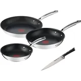 Tefal »Duetto+ Ice Force«, Edelstahl 18/10, (Set, je 1 Bratpfanne Ø 20/24/28 cm, 1 Kochmesser 20 cm), Edelstahl in Premium Qualität, Thermo-Signal, inkl. Kochmesser, grau