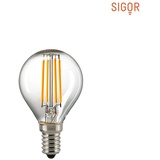 SIGOR LED Filamentlampe KUGEL, 230V, Ø 4.5cm / L 8cm, E14, 4.5W 2700K 470lm 300°, Klar SIG-6134901