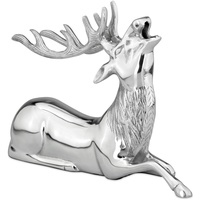 Große liegende röhrende Aluminium Deko Hirsch Figur - silbern glänzende Jagtfigur mit Geweih - Weihnachts-Deko zum Hinstellen Höhe 25 cm