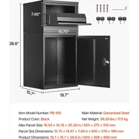 Vevor Paketbriefkasten 500x398x980mm, Paketkasten mit Schloss, Paketbriefbox aus verzinktem Stahl mit Diebstahlschutz-Design, Packstation für Zuhause und das Büro, Schwarz