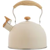 Flötenkessel mit Holzmasergriff, 2.5L Moderne Wasserkessel Induktion,Edelstahl Pfeifkessel, Teekanne mit Griff,Wasserkocher Für Küche Camping Gasherd (Beige)