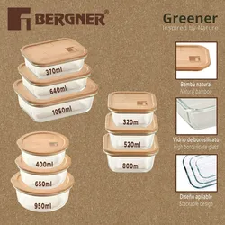 Bergner Greener - Set mit 9 stapelbaren luftdichten Borosilikatglasbehältern mit Bambusdeckel