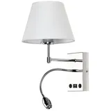 Wandleuchte innen mit Leselampe und USB – Wandlampe innen mit chromfarbener Metall-Lampenfassung und weißem Lampenschirm – LED – mit Kabel