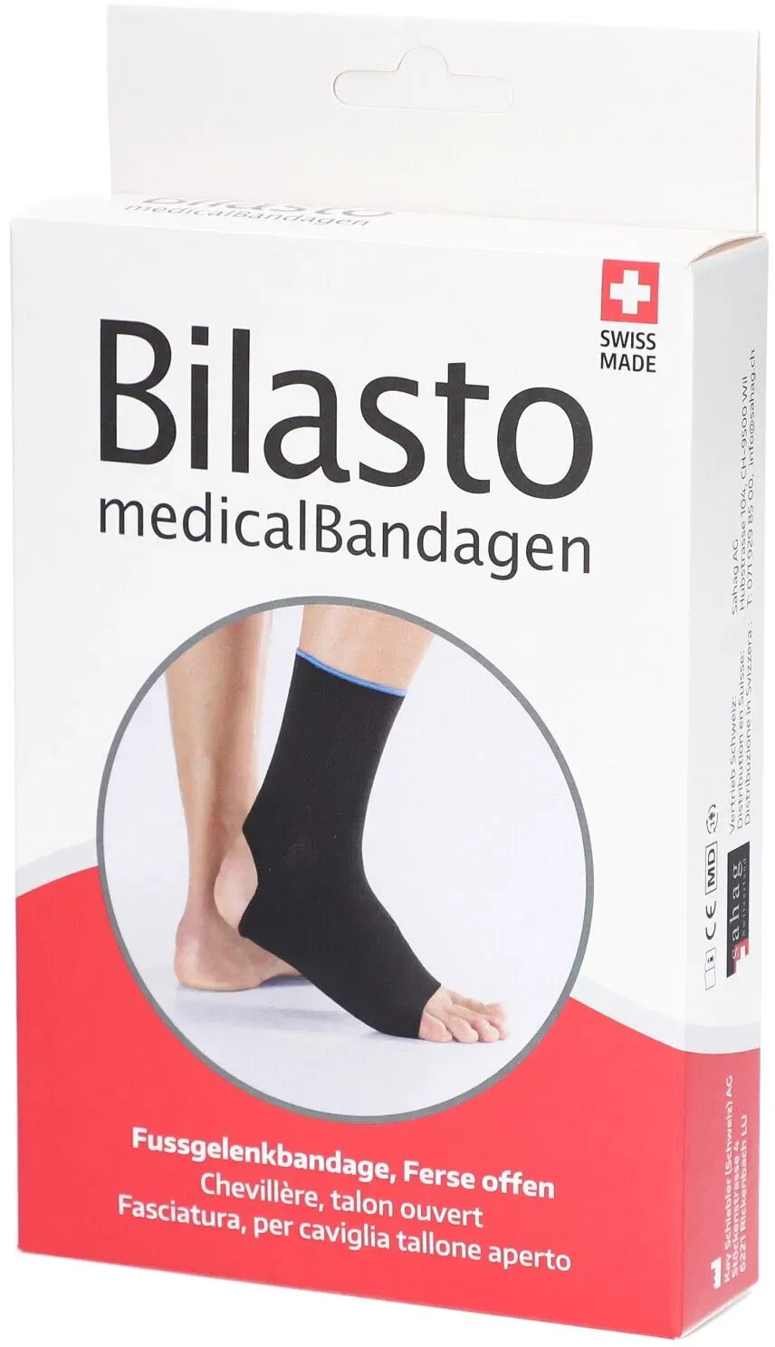 Bilasto Fussgelenkbandage M Ferse offen schw/blau