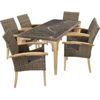 Tectake Rattan Tisch Foggia mit 6 Stühlen Rosarno mit Holzgestell - Naturbelassen