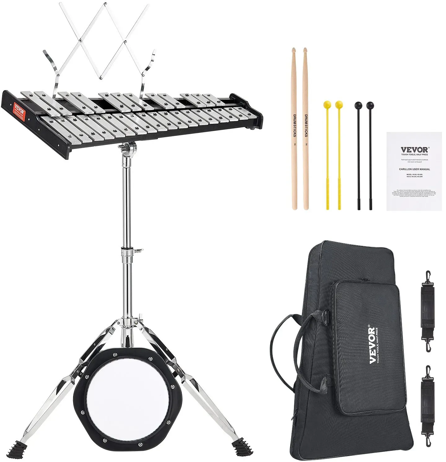 VEVOR Glockenspiel-Xylophon-Set mit 30 Noten, professionelles Schlaginstrumenten-Set mit Schlägeln, Trommelstöcken, Notenständer, 20 cm Übungspad, verstellbarem Ständer und Tragetasche