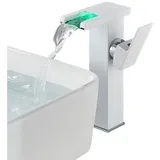 HS.SUPPLY Waschtischarmatur Wasserfall Wasserhahn Badarmatur (Komplettset, Alles im Lieferumfang enthalten) LED-Beleuchtung angetrieben durch internes Wasserkraftwerk weiß