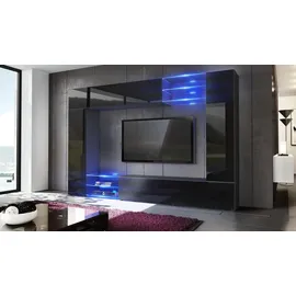 Vladon Wohnwand Schwarz Hochglanz, Holzwerkstoff, 262x182.5x39 cm, Wohnzimmer, Wohnwände,