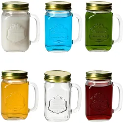 6x Country Trinkgläser mit Henkel & Deckel 420ml Glas Cocktails Limo Smoothies