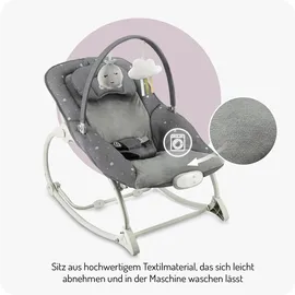 MOMI LAPIS für Babys bis 12 kg, Batteriebetrieb, 3-Punkt-Sicherheitsgurt, Bügel und 2 Spielzeuge, 3-fach verstellbare Rückenlehne, 8 Melodien, 3 Vibrationsmodi