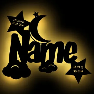 Namofactur® - Led Holz Nachtlicht Wolken-Mond Name und Datum individuell personalisiert, Taufgeschenk Geschenk zur Geburt Taufe Kommunion Paten-Kind Mädchen Jungen