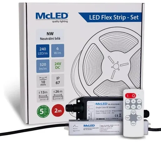 McLED LED-Band - Satz 2 m + Empfänger Nano IP67, 240 LED/m, NW, 6 W/m, DC 24V, 520 lm/m, CRI90, IP67, 10 mm, Konduktor 3 m ML-126.033.90.S02002