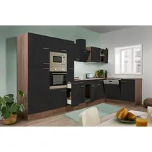 Respekta Winkelküche Oliver L-Form 370 x 172 cm E-Geräte schwarz seidenglanz/eiche york nachbildung