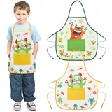 DATIFF 2 Stück Monster Schürze Kinder Kochschürze Jungen Monster Küchenschürze mit 2 Taschen Monster Kinderschürze Grün und Gelb Malschürze Junge für Kochen Backen Malen Basteln 3-10 Jahre