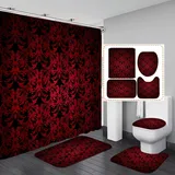 Duschvorhang Schwarz Rot Badezimmerteppich 4-Teiliges Set, Duschvorhang 180x180 Polyester+Badematte rutschfeste(50x80)+U-Typ Teppich Wasseraufnahme Schmutzfangmatte+Toile Fußmatte
